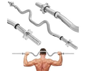 Gymtek Barre d'haltères longue, curl, haltères, en acier trempé, barre SZ, poids jusqu'à 135 kg, Ø 27 mm, longueur 120 cm, striée, pinces étoilées, Super Curl Bar