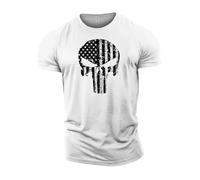 Gymtier, T-shirt de bodybuilding pour homme - Crâne avec drapeau américain - Débardeur d'entraînement, Blanc., 4XL