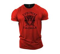 GYMTIER T-shirt de musculation pour homme avec inscription « Vikings Victory Or Valhalla » - Vêtement de sport d’inspiration Viking pour les hommes forts, Rouge, S