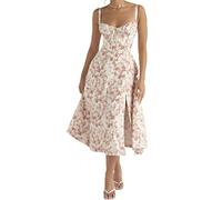 GYORI Women Y2k Square Neck Floral Long Dress Low Cut,Square Neck Dresses with Slits Corset Midi Dresses,Bustier Sundress Corset Back,Sleeveless Bustier Midi Dress Going Out Spaghetti Strap Sundress