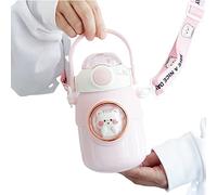 GYPEX Kawaii Water Bottle, Cute Kawaii Bear Water Bottle with Straw and Shoulder Strap, Cute Water Bottles Aesthetic, Kawaii Water Bottle with Strap and Straw, Leak Proof Easy Clean