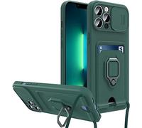 Gypsophilaa Coque pour iPhone 16 Pro avec Cordon de Collier,Coque Protection Caméra Slide Case TPU Bumper avec Anneau Rotatif à 360 degrés Silicone Coque avec Slot Card Holder Housse