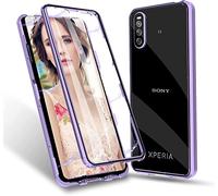 Gypsophilaa Coque pour Sony Xperia 10 V Adsorption Magnétique Tech Housse 360 Degrés Protection Étui Antichoc Cadre Aluminium Verre Trempé Aimant Fort Métal Flip Cover,Violet