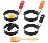 GYSRXS 4 Pièces Moule Oeuf au Plat 7.5CM Anneau à Oeuf Inox avec Poignée Pliante et Brosse Moule Pancake pour œufs au Plat,Crêpes,œufs Pochés,Pain de Viande(Noir)