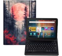 GYSYZJDH Étui clavier pour Fire HD 8 & HD 8 Plus (12e/14ème génération, sortie en 2024/2022) - Housse de support en similicuir avec clavier Bluetooth amovible, motif paysage pleine lune rouge