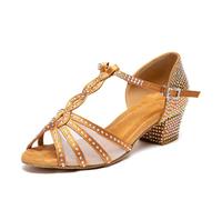 GYUBL Chaussures Danse Latine Femme Satin Strass Salsa Bachata Chaussures de Danse de Salon Professional Performance Talon 3cm Marron EU 39
