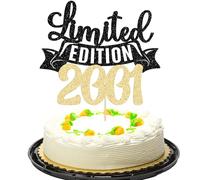 Gyufise 1 décoration de gâteau d'anniversaire à paillettes « Twenty Five Happy 25th Birthday » - Édition limitée 2001 - Décoration de gâteau pour fête d'anniversaire de mariage - Noir et doré