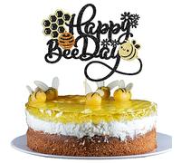 Gyufise 1 décoration de gâteau d'anniversaire Happy Bee Day avec fleur nid d'abeille pailletée bourdon pour gâteau d'anniversaire sur le thème des abeilles, fête prénatale, enfants, garçons et filles,