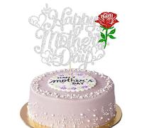 Gyufise 1 décoration de gâteau « Happy Mother's Day » en forme de cœur à paillettes avec inscription « Love You Mom » - Rose - Décoration de gâteau pour femme - Argenté