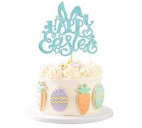 Gyufise 1 lot de décorations de gâteau bleues à paillettes « Happy Easter », oreilles de lapin de Pâques, décoration de gâteau pour fête prénatale sur le thème du printemps, décorations de fête d'anniversaire