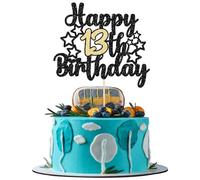Gyufise Décoration de gâteau d'anniversaire « Happy 13th Birthday » à paillettes noires et dorées pour 13 ans et fabuleux anniversaire de mariage