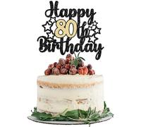 Gyufise Décoration de gâteau d'anniversaire « Happy 80th Birthday » pour 80e anniversaire et fabuleux anniversaire Hello 80 - Fournitures de décoration de gâteau d'anniversaire - Noir et doré pailleté