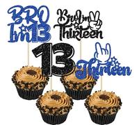 Gyufise Lot de 24 décorations de cupcakes à paillettes « Brother I'm 13 » - Décoration de gâteau d'anniversaire pour garçons à 13 ans