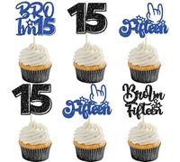 Gyufise Lot de 24 décorations de cupcakes à paillettes « Brother I'm 15 » - Décoration de gâteau d'anniversaire pour garçons à 15 ans