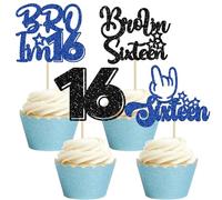 Gyufise Lot de 24 décorations de cupcakes à paillettes « Brother I'm 16 » - Décoration de gâteau d'anniversaire pour garçons à 16 ans