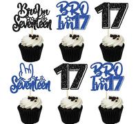 Gyufise Lot de 24 décorations de cupcakes à paillettes « Brother I'm 17 » - Décoration de gâteau d'anniversaire pour garçons à 17 ans