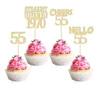 Gyufise Lot de 24 décorations de cupcakes à paillettes « Happy 55th » - « Fifty-five Straight Outta 1968 - Décorations de gâteau d'anniversaire « Cheers to 55 Years » - Doré