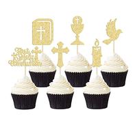 Gyufise Lot de 24 décorations de cupcakes à paillettes pour première communion, colombe et croix Dieu bénédiction, fête d'anniversaire, doré