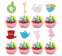 Gyufise Lot de 24 décorations de cupcakes Alice au pays des merveilles - Bol à paillettes - Horloge à clé - Décoration de gâteau pour fête prénatale - Fournitures de fête d'anniversaire