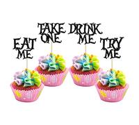 Gyufise Lot de 24 décorations de cupcakes Alice au pays des merveilles noires à paillettes « Try Me Take One Eat Me » pour fête prénatale pour enfants garçons et filles