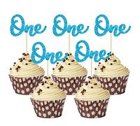 Gyufise Lot de 24 décorations de cupcakes bleu clair à paillettes pour premier anniversaire, fête prénatale, 1er anniversaire