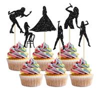 Gyufise Lot de 24 décorations de cupcakes chanteur de musique à paillettes pour cupcakes « Love Legand » 1989 sur le thème du concert des amateurs de musique - Noir