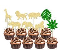 Gyufise Lot de 24 décorations de cupcakes dorées en forme d'animal de la jungle - Feuilles vertes - Animaux sauvages - Pour fête prénatale et anniversaire d'enfants
