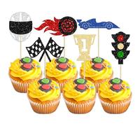 Gyufise Lot de 24 décorations de cupcakes en forme de voiture de course à paillettes pour feux de signalisation, trophée, drapeau de roue, casque de voiture de course, pics à cupcakes pour fêtes prénatales, garçons, fêtes d'anniversaire, décorations de gâteaux