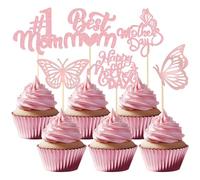 Gyufise Lot de 24 décorations de cupcakes « Happy Mother's Day » en forme de cœur à paillettes pour fête des mères - #1 - Papillon, Love You Mom - pour fête d'anniversaire - Rose