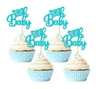 Gyufise Lot de 24 décorations de cupcakes Oh Baby en forme de papillon à paillettes pour fête prénatale, garçons, filles, enfants, 1er anniversaire, bleu