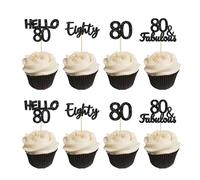 Gyufise Lot de 24 décorations pour cupcakes 80e anniversaire Hello 80 et fabuleux pics pour 80e anniversaire Noir