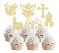 Gyufise Lot de 24 décorations pour cupcakes avec inscription « God Bless and Baptême » avec colombe croix ange église religieux sur le thème de la bénédiction de Dieu et de la bénédiction de Dieu et