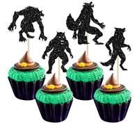Gyufise Lot de 24 décorations pour cupcakes d'Halloween en forme de loup-garou à paillettes noires