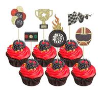 Gyufise Lot de 24 décorations pour cupcakes en forme de voiture de course pour anniversaire de garçon, thème voiture de course, drapeau, piques à fruits, décoration de fête Let's Go Racing