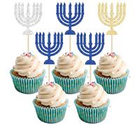 Gyufise Lot de 24 décorations pour cupcakes Hanoukka - Neuf supports de lampe - Décorations de cupcakes scintillantes pour anniversaire juif - Fournitures de décoration de fête