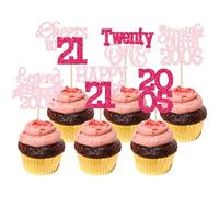 Gyufise Lot de 24 décorations pour cupcakes « Happy 21st Birthday » avec inscription « Hello Twenty One Legend Since 2005 » - Décorations de gâteaux pour 21e anniversaire de mariage - Rose rouge