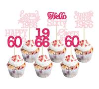 Gyufise Lot de 24 décorations pour cupcakes « Happy 60th Birthday » « Hello Sixty Legend Since 1966 » - Décorations de gâteaux « Cheers to 60 Years » - Fournitures de fête d'anniversaire - Rose rouge