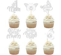 Gyufise Lot de 24 décorations pour cupcakes « Happy Mother's Day » à paillettes en forme de papillon pour femme - Argentées