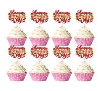 Gyufise Lot de 24 décorations pour cupcakes « Happy Mother's Day » - Dorées et rouges à paillettes - Fleur d'amour et cœur - Décoration de gâteau pour la fête des mères - Fournitures de fête