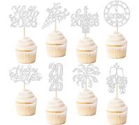 Gyufise Lot de 24 décorations pour cupcakes « Happy New Year » 2024 - Argentées à paillettes - Horloge de feu d'artifice « Hello 2024 Cheers to 2024 » - Décorations de cupcakes pour le réveillon du