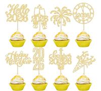 Gyufise Lot de 24 décorations pour cupcakes « Happy New Year » 2024 - Dorées à paillettes - Horloge de feu d'artifice « Hello 2024 Cheers to 2024 » - Décorations de cupcakes pour le réveillon du