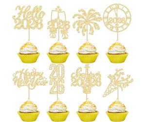 Gyufise Lot de 24 décorations pour cupcakes « Happy New Year » 2024 - Dorées à paillettes - Horloge de feu d'artifice « Hello 2024 Cheers to 2024 » - Décorations de cupcakes pour le réveillon du