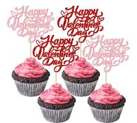 Gyufise Lot de 24 décorations pour cupcakes « Happy Valentine's Day » à paillettes - Rose rouge - Thème : « Sweet Love Be Mine » - Pour la Saint-Valentin, les fêtes d'anniversaire