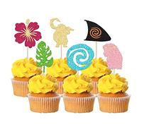 Gyufise Lot de 24 décorations pour cupcakes inspirées de Moana, feuilles de palmier à paillettes, décorations pour cupcakes sur le thème tropical hawaïen Luau, fête prénatale, fête d'anniversaire