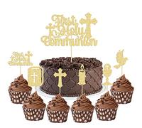 Gyufise Lot de 25 décorations de gâteau de première communion à paillettes dorées pour première communion, dieu bénédiction, colombe et croix sur le thème du baptême chrétien, fête prénatale, fête