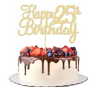 Gyufise Lot de 3 décorations de gâteau d'anniversaire « Happy 25th Birthday » à paillettes pour 25e anniversaire - Décorations de gâteau à thème « Cheers to 25 Years Old Twenty Five Fabulous » - Doré