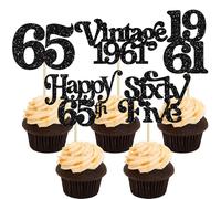 Gyufise Lot de 30 décorations de cupcakes à paillettes vintage 1961 Cheers to 65 Fabulous Sixty Five pour 65e anniversaire de mariage Noir