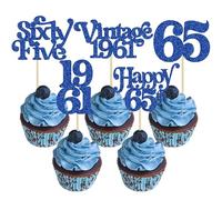 Gyufise Lot de 30 décorations de cupcakes à paillettes vintage 1961 Cheers to 65 Fabulous Sixty Five pour 65e anniversaire de mariage - Bleu