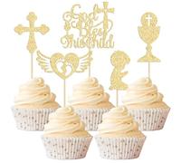 Gyufise Lot de 30 décorations de cupcakes dorées à paillettes « God Bless This Child » en forme de croix et de pieds d'ange pour garçon, baptême, fête prénatale, anniversaire, fête religieuse