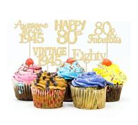 Gyufise Lot de 30 décorations de cupcakes dorées à paillettes pour 80e anniversaire Style vintage 1945 Awesome Since 1945 Hello 80 et Fabulous Cupcake Picks 80e anniversaire